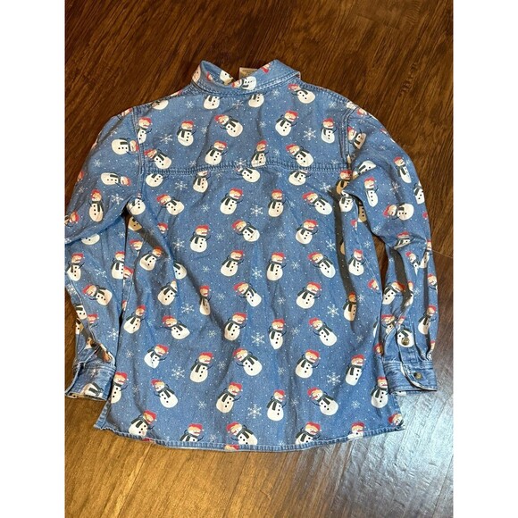 The Quacker Factory Women’s Snowman Button Up Denim Shirt Small Winter Cotton - Picture 6 of 6